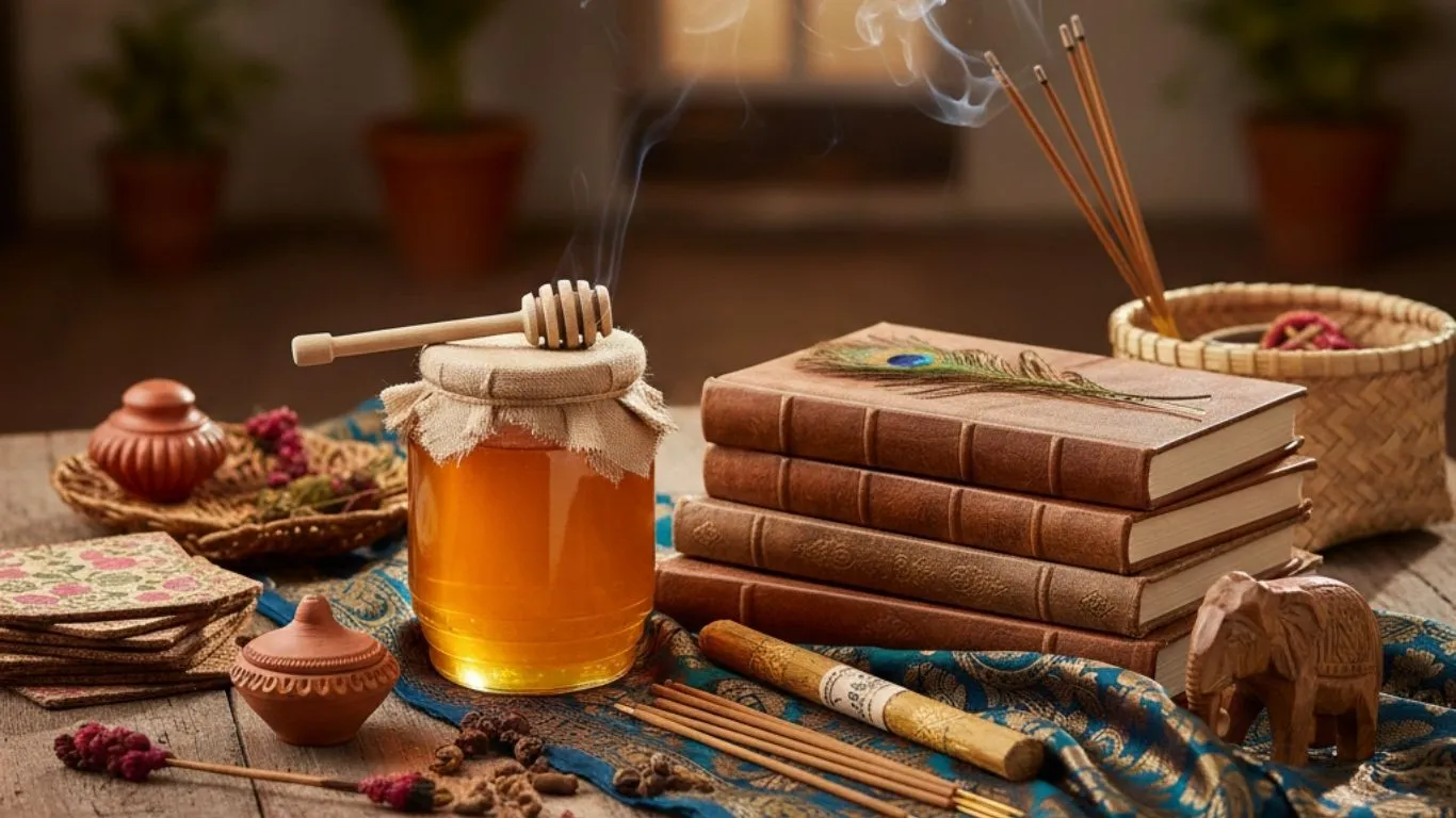 Indian gifting culture showing natural honey, books, incense, and handmade items