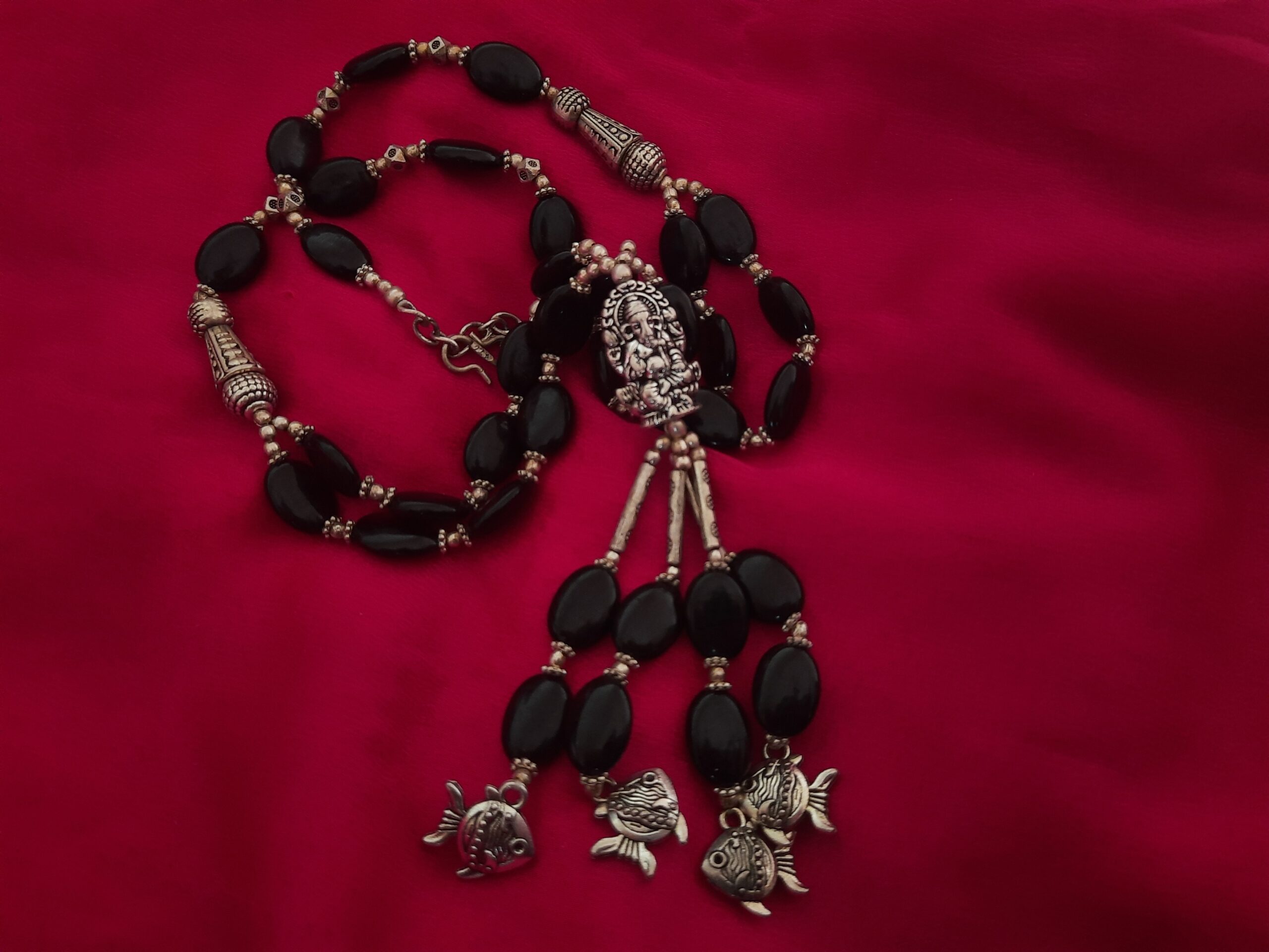 Traditional Oxidised Ganeshji And Black Beads Necklace For Women