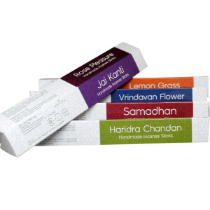Incense Sticks (6 Packs Per 10 Sticks) – Samadhan, Lemon Grass, Haridra Chandan, Vrindavan Flower, Jai Kanti, Rose