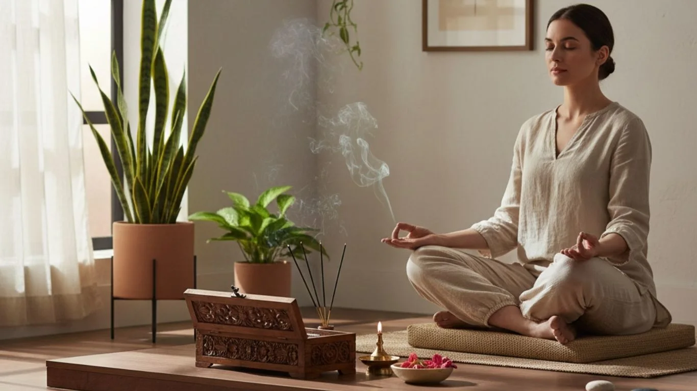 Serene Indian meditation corner with incense sticks, soft natural light, brass diya, and peaceful home wellness setup-1