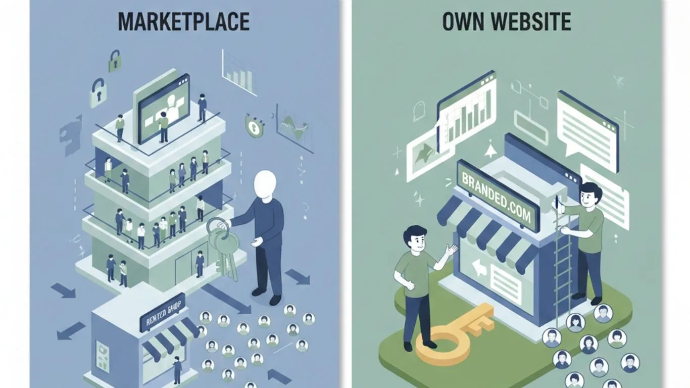 Source Gemini Illustration showing the difference between marketplace selling and owning an e-commerce website in terms of control and brand ownership