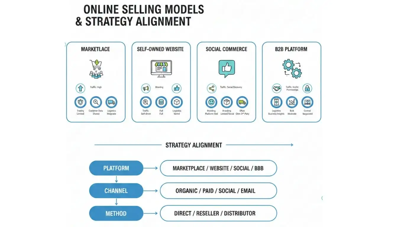 Source Gemini Strategic comparison of online selling platforms including marketplaces, self-owned websites, social commerce, and B2B models