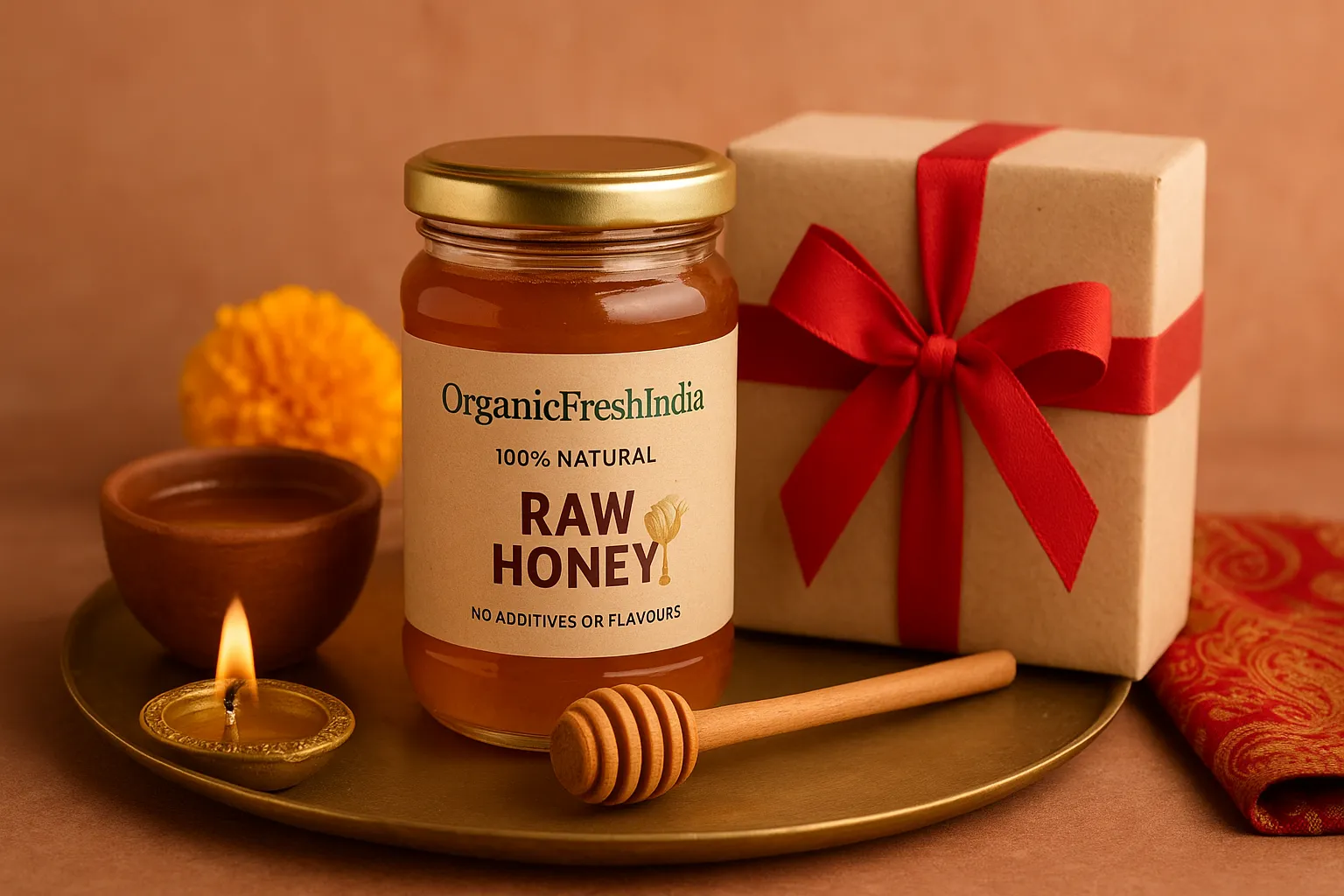 Traditional Indian gifting honey with cultural elements and natural raw honey jars